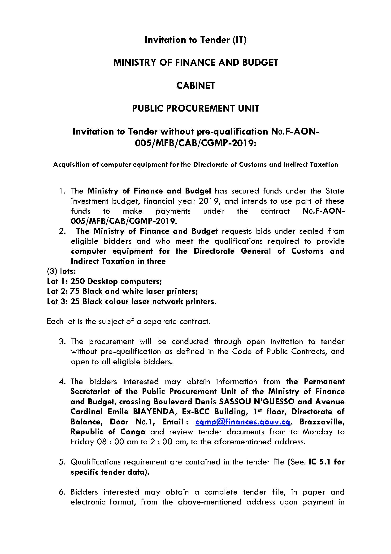 2019 budget pdf memorandum without Invitation Tender qualification N0.F AON pre to